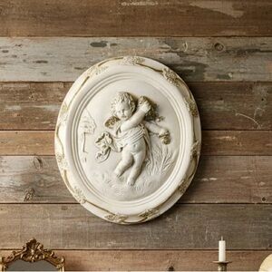 Antique Victorian Handmade Plaster Chalkware Cherub Gold Grape Leaf Wall Plaque